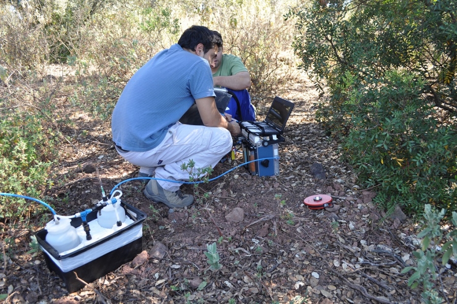 Dos investigadores de la Universidad de Córdoba toman muestras en Sierra Morena