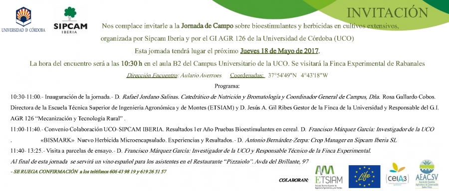 El ceiA3 colaborará el próximo día 18 de mayo en una jornada de campo sobre bioestimulantes y herbicidas en cultivos extensivos