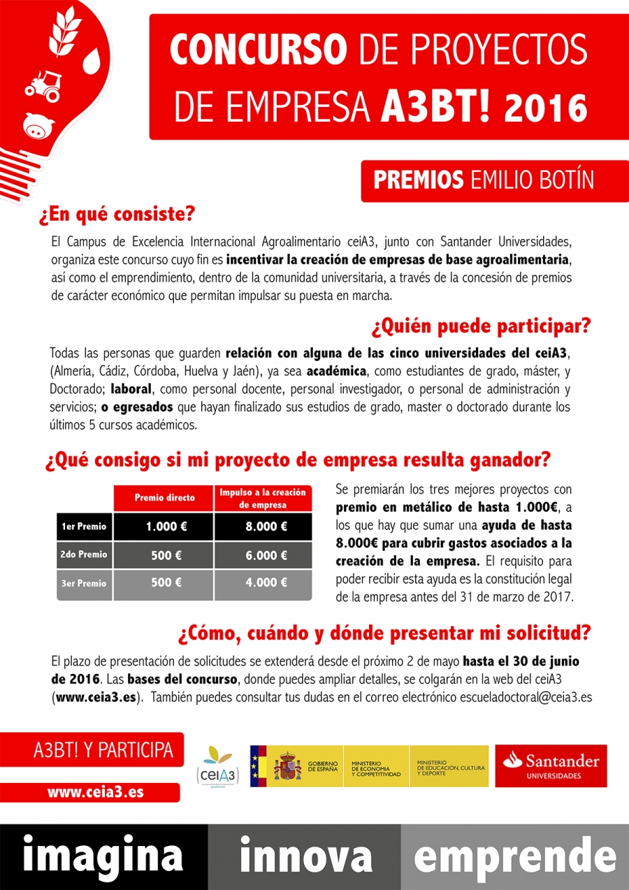 El ceiA3 y Santander Universidades lanzan una nueva edición del Concurso de proyectos de empresa de base agroalimentaria A3BT! 2016